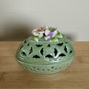 Vintage Green Porcelain, Ceramic Trinket Box, Easter Egg with Flowers, Filigree